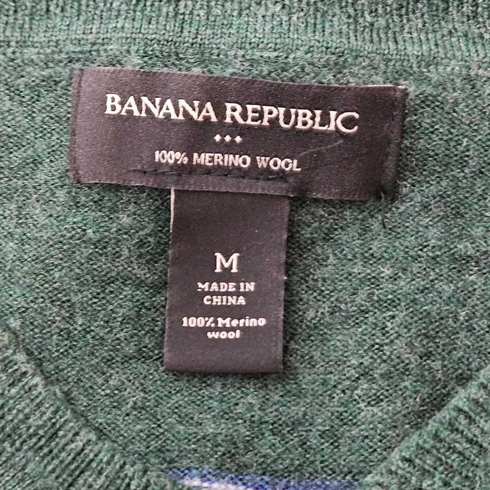 Banana Republic Merino Wool Sweater Green Striped‎ V Neck Lightweight Men's Med